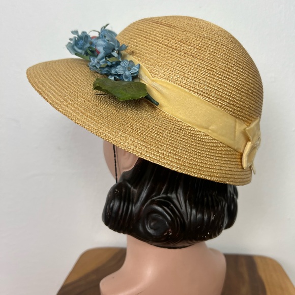 BLUE FLORAL 50’s 50s Cherries Berries & Pearls Vintage Straw Brimmed Sunhat Hat - Picture 12 of 16